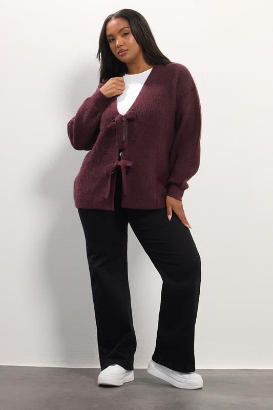 YOURS Plus Size Wine Red Bow Tie Front Cardigan | Yours Clothing 1