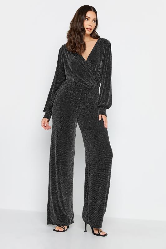 LTS Tall Black Glitter Wide Leg Trousers | Long Tall Sally  3