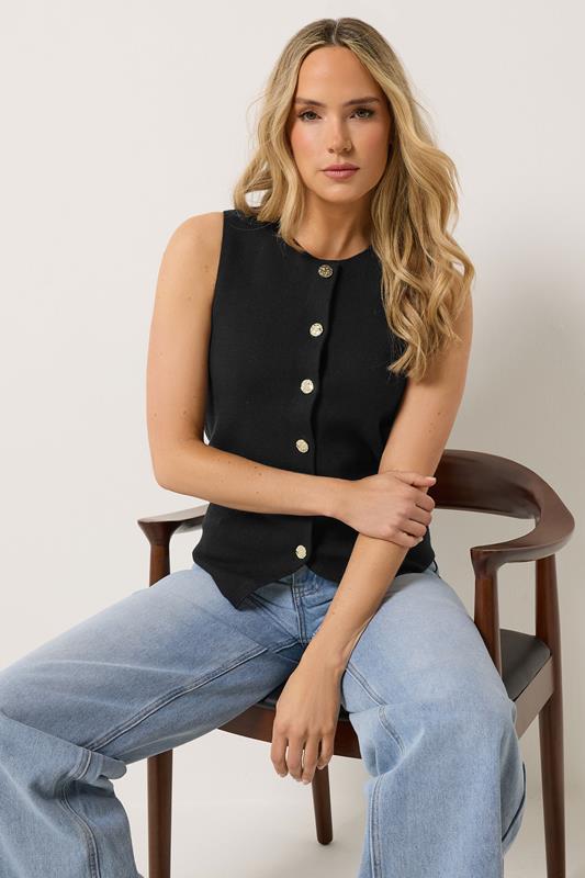 LTS Tall Black Button Vest Top