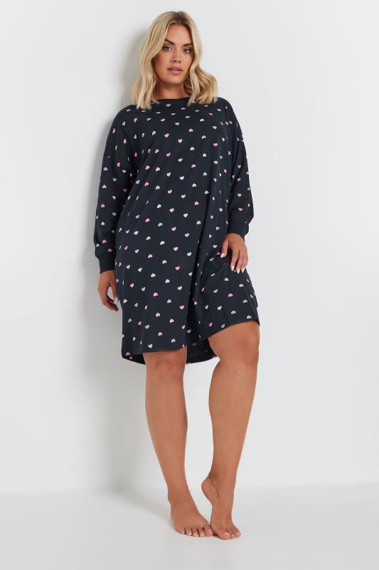 YOURS Plus Size Navy Blue Heart Print Nightdress | Yours Clothing 2