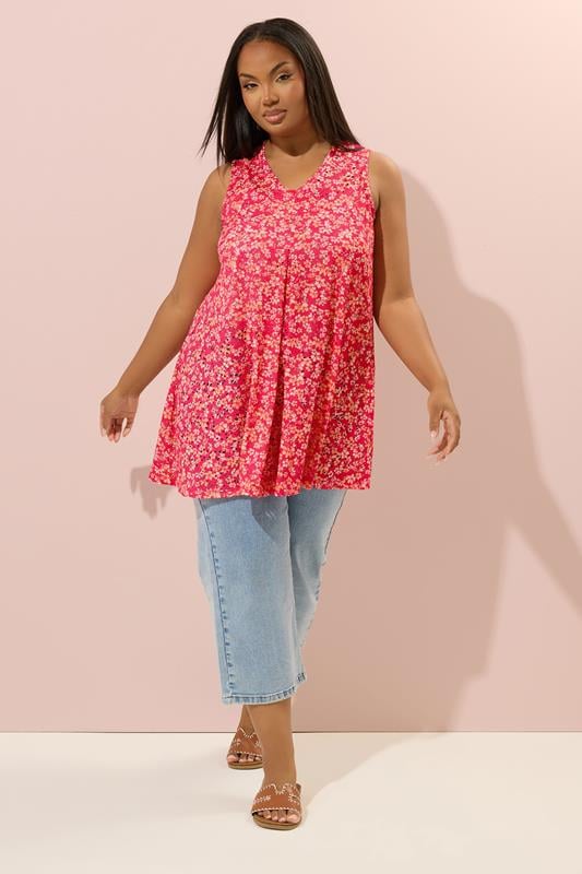 YOURS Plus Size Red Floral Pointelle Vest Top | Yours Clothing 1