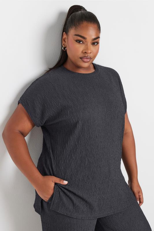 YOURS Plus Size Charcoal Grey Crinkle Plisse T-Shirt | Yours Clothing  1