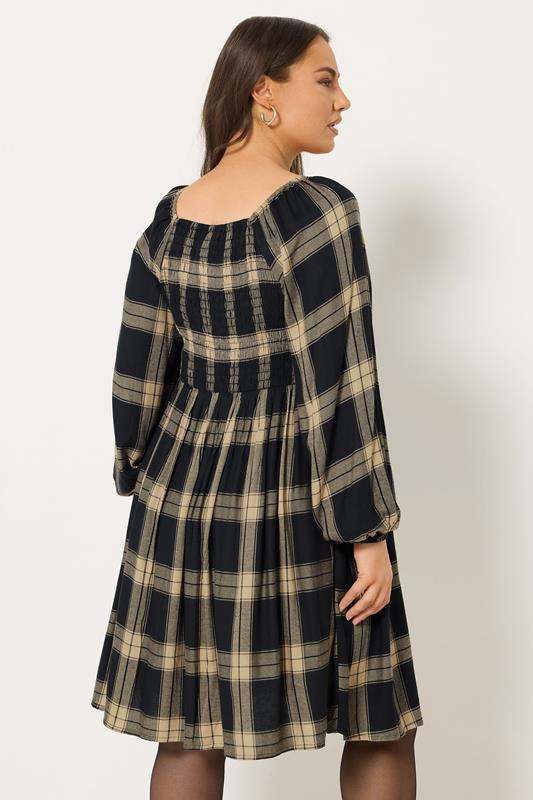 YOURS Plus Size Black & Brown Check Shirred Mini Dress | Yours Clothing 2