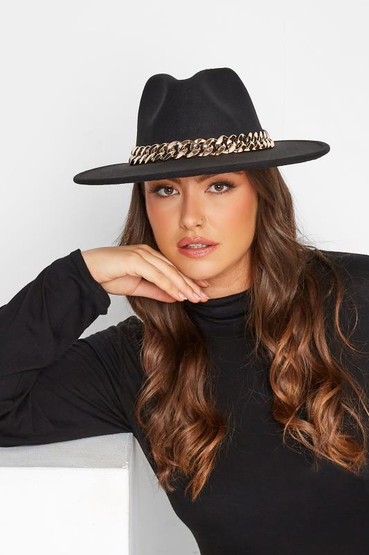 Black Fedora Chain Hat | Yours Clothing 1