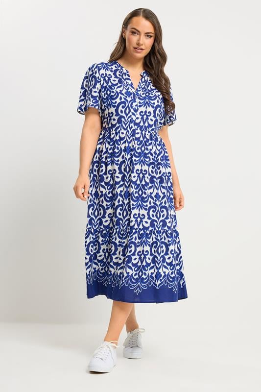 YOURS Curve Blue Abstract Half Placket Dress