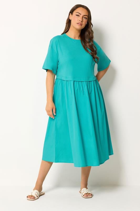  YOURS Curve Turquoise Blue Poplin T-Shirt Midi Dress