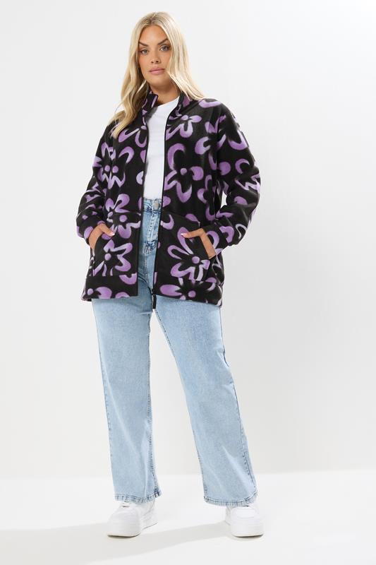 YOURS Plus Size Black Floral Zip Through Fleece Jacket | Yours Clothing 1