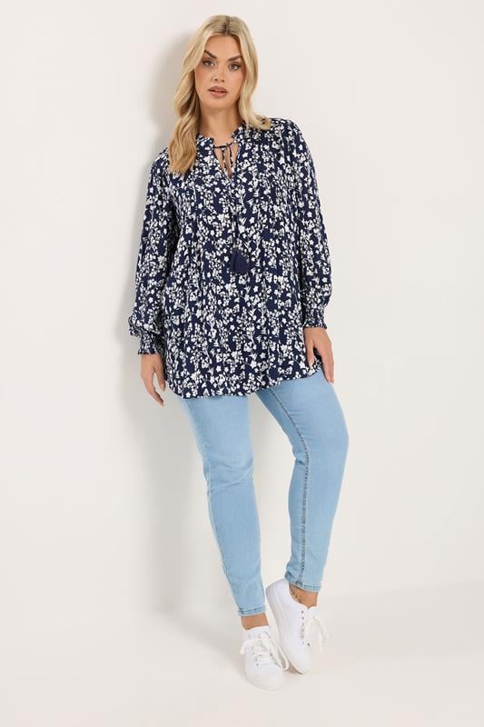 Yours Plus Size Blue Floral Sequin Embellished Tie Neck Blouse 4