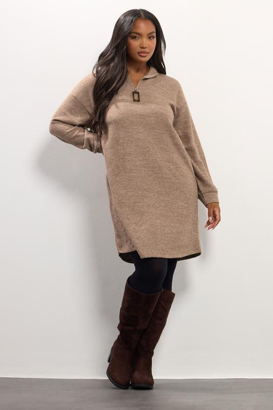 YOURS Plus Size Natural Brown Ribbed Quarter Zip Jumper Dress | Yours Clothing 1