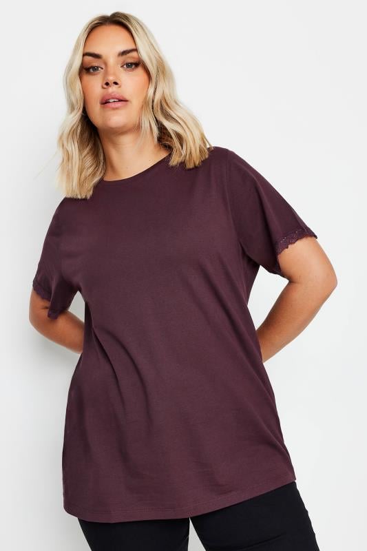 YOURS Plus Size Purple Lace Trim T-Shirt | Yours Clothing  2