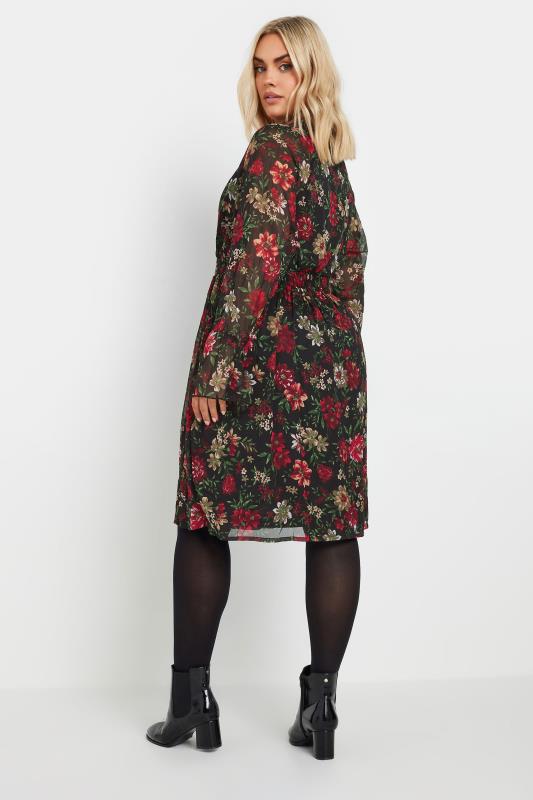 YOURS Plus Size Black & Red Floral Print Chiffon Tie Neck Dress | Yours Clothing 3