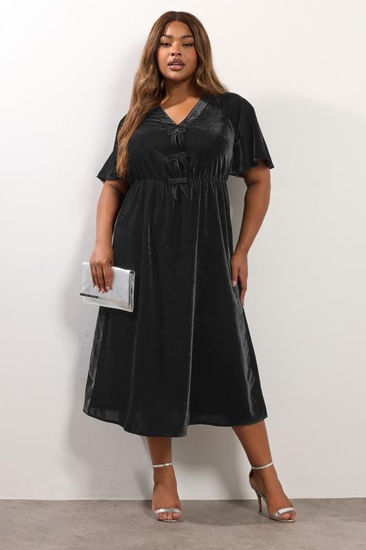  YOURS Curve Black Velvet Bow Front Maxi Dress