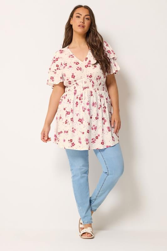 YOURS Plus Size White Floral Flutter Sleeve Top | Yours Clothing 1