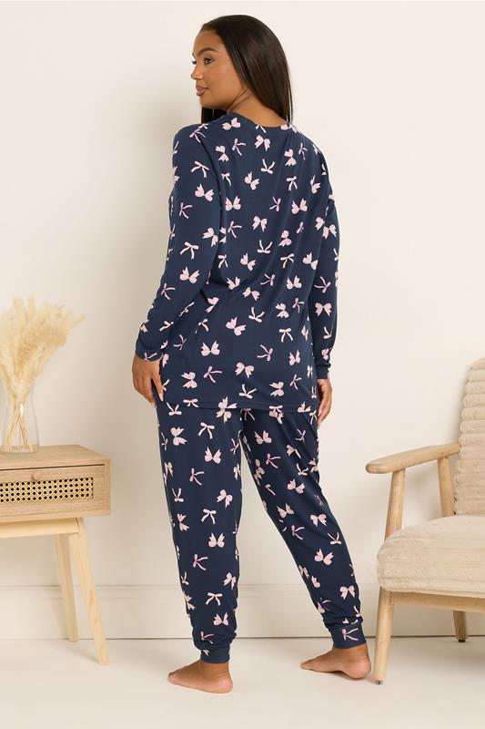 YOURS Plus Size Set Navy Blue Bow Soft Touch Pyjama & Eye Mask | Yours Clothing 4
