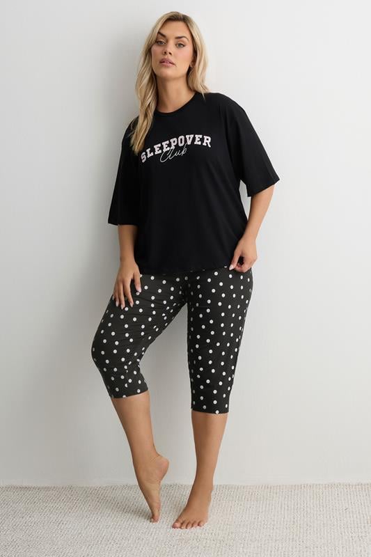  YOURS Curve Black Polka Dot Wide Leg Pyjama Cropped Bottoms
