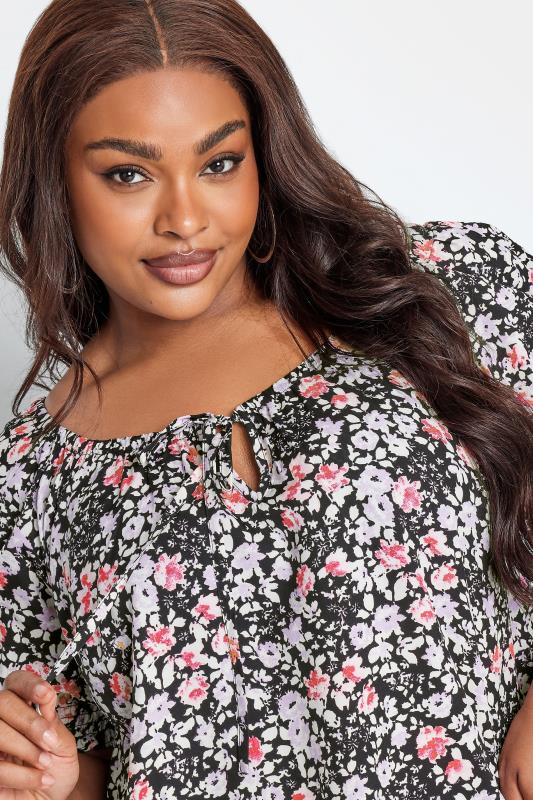 YOURS Plus Size Black & Pink Floral Tie Front Top | Yours Clothing 4