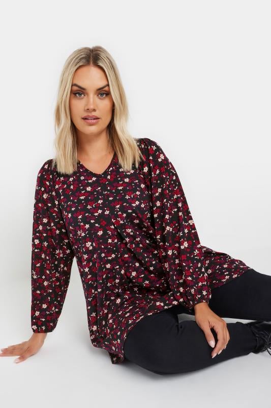 YOURS Curve Burgundy Red Ditsy Floral Swing Top | Yours Clothing 1