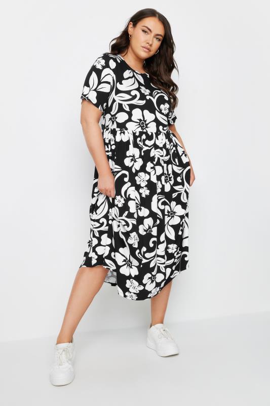 YOURS Plus Size Black & White Abstract Floral Print Smock Dress | Yours Clothing 4