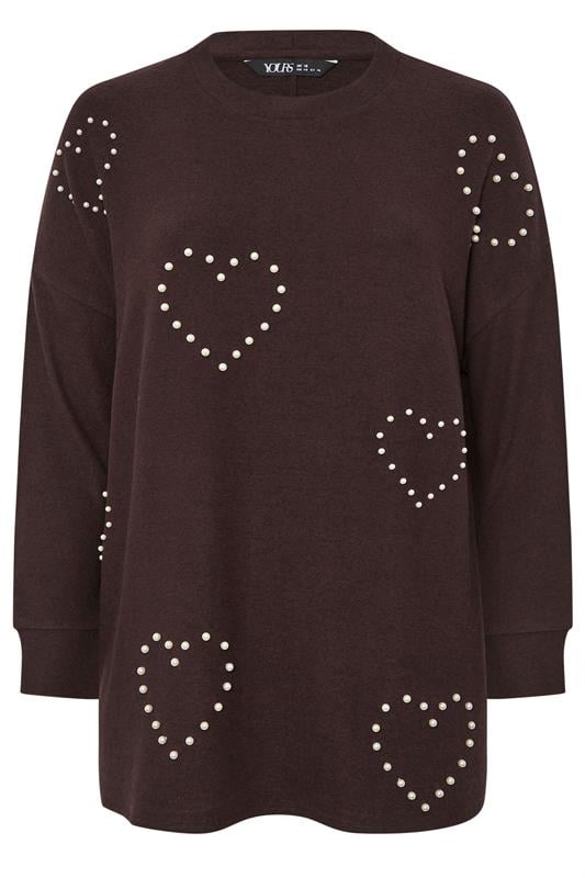 YOURS Plus Size Chocolate Brown Pearl Embellished Soft Touch Jumper | Yours Clothing 5