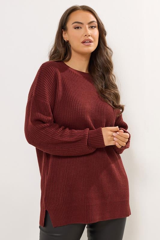 YOURS Plus Size Burgundy Red Drop Shoulder Jumper| Yours Clothing 1