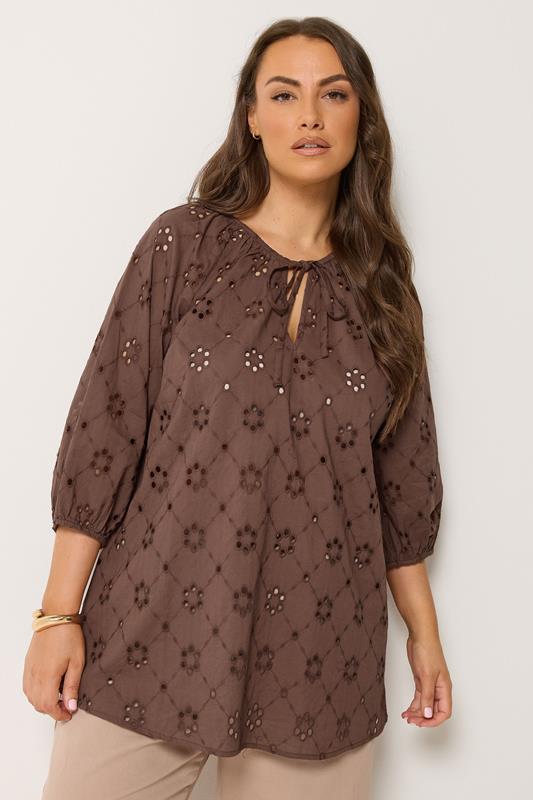 YOURS Curve Chocolate Brown Floral Broderie Anglaise Top | Yours Clothing 1