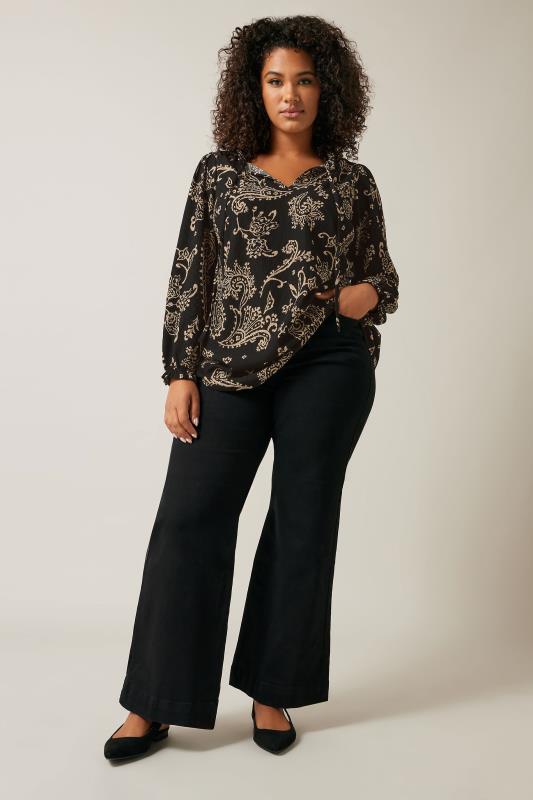 EVANS Plus Size Black Paisley Print Crepe Tie Neck Blouse | Evans  2