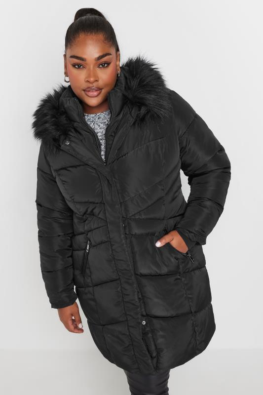 YOURS Plus Size Black Faux Fur Trim Puffer Coat | Yours Clothing 4