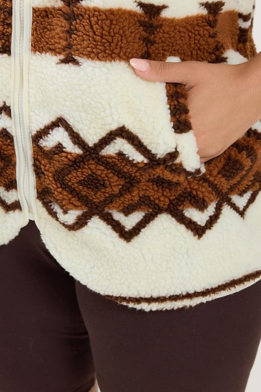 YOURS Plus Size Chocolate Brown Fairisle Borg Fleece Jacket | Yours Clothing 5
