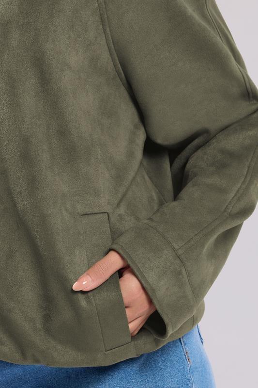 YOURS Plus Size Khaki Green Faux Suede Bomber Jacket | Yours Clothing 5