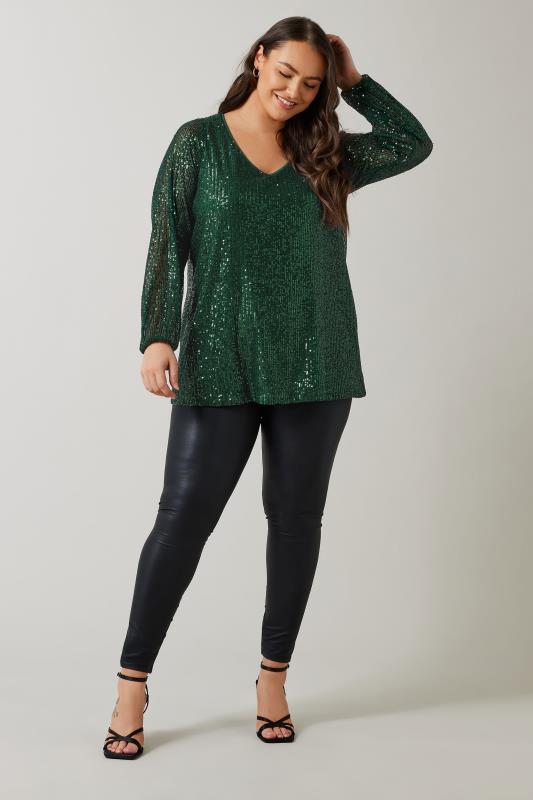 EVANS Plus Size Emerald Green Sequin Embellished Blouse | Evans 2