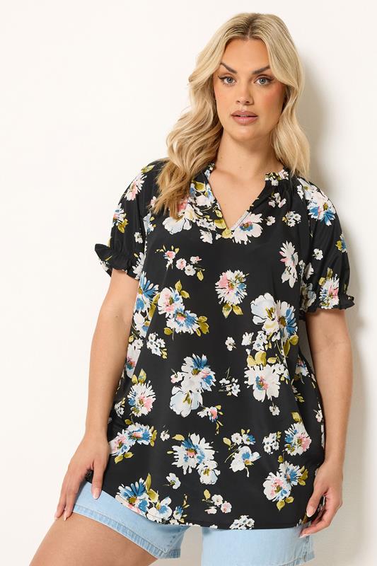 YOURS Plus Size Black Floral Puff Sleeve Blouse | Yours Clothing 1