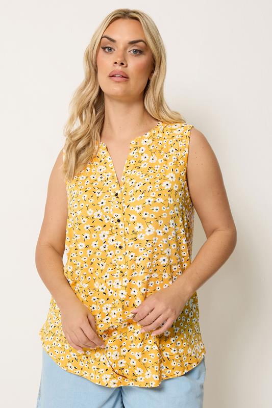 YOURS Plus Size Yellow Floral Notch Neck Vest Top | Yours Clothing 1