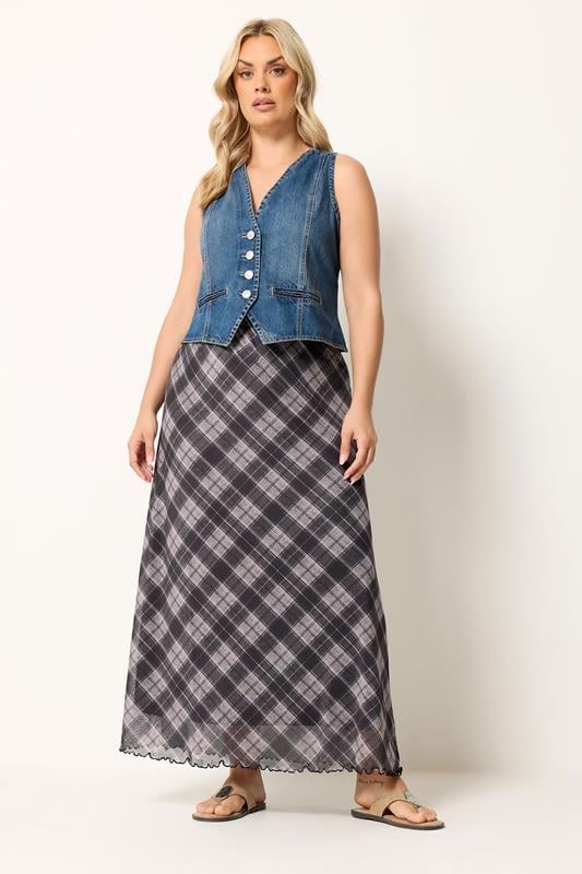  YOURS Curve Purple Check Mesh Skirt