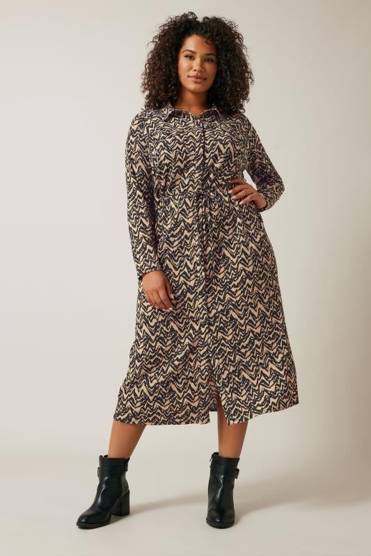 Plus Size  EVANS Curve Natural Brown Abstract Print Crepe Midi Shirt Dress