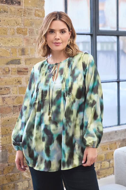 Plus Size  EVANS Curve Dark Green Mixed Print Tie Neck Blouse