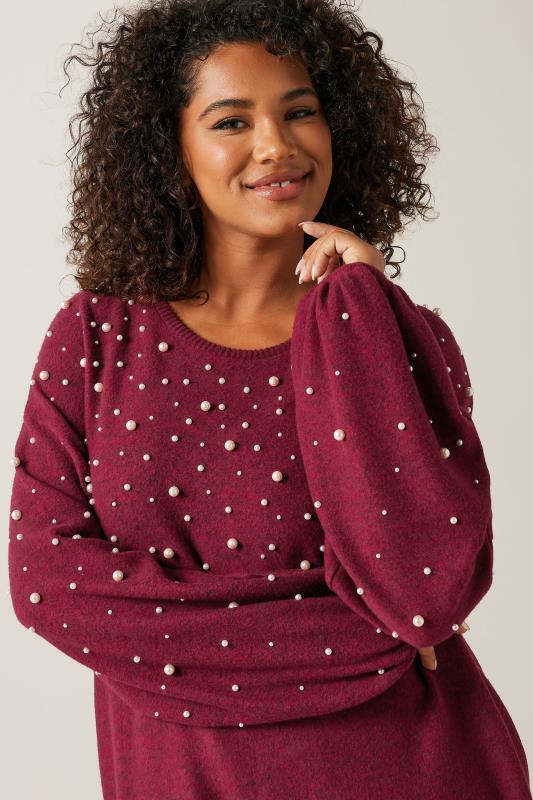 EVANS Plus Size Burgundy Red Pearl Embellished Soft Touch Jumper Dress | Evans 4