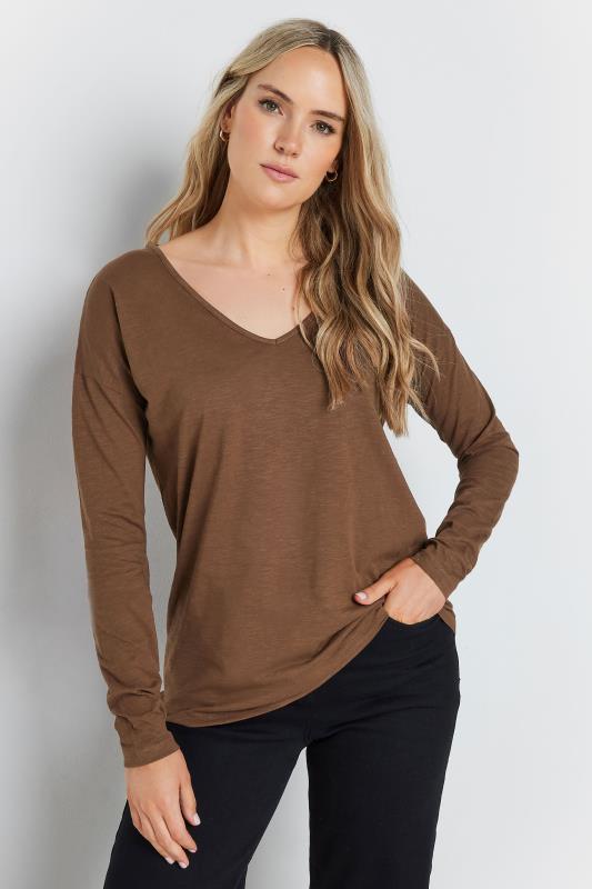 LTS Tall Brown V-Neck Long Sleeve Cotton T-Shirt | Long Tall Sally 1