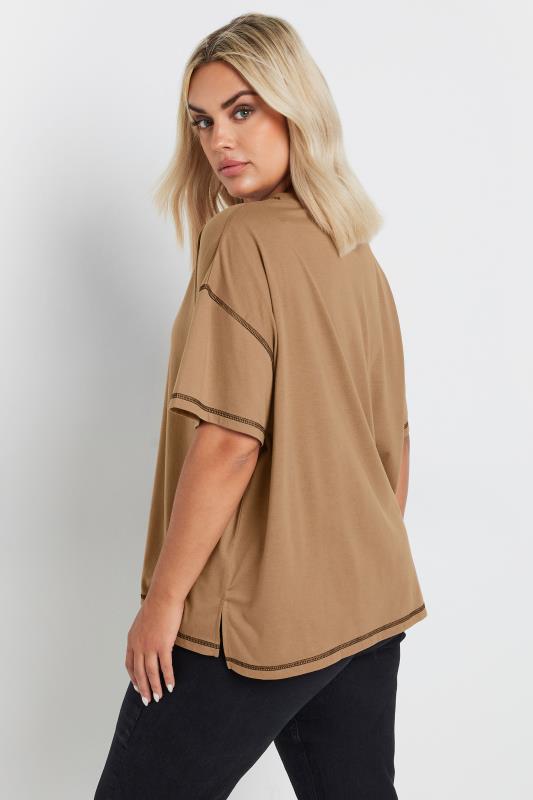 YOURS Plus Size Beige Brown Contrast Stitch T-Shirt | Yours Clothing 3