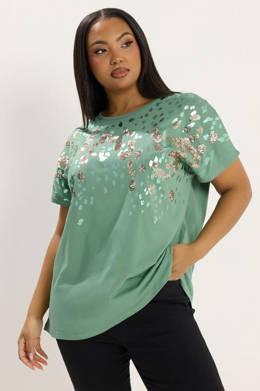  YOURS Curve Green Sequin Animal T-Shirt