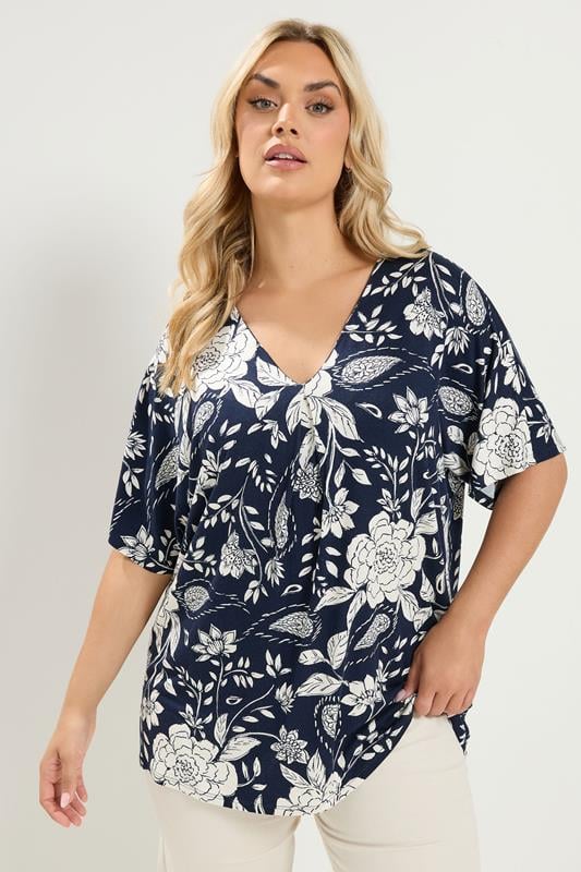 YOURS Plus Size Navy Blue Floral Print Pleat Front Top | Yours Clothing 1