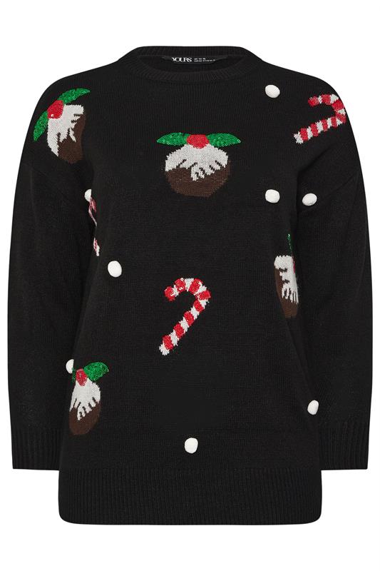 YOURS Plus Size Black Candy Cane Sequin Novelty Christmas Jumper | Yours Clothing 6