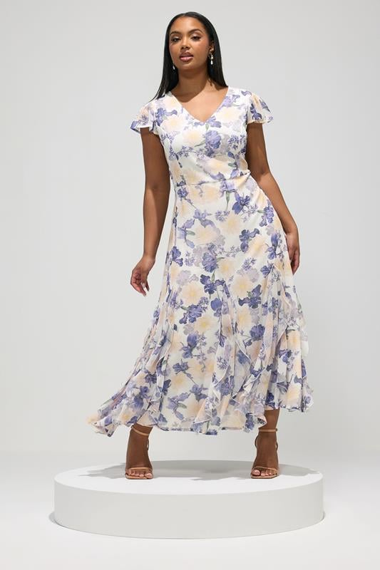  YOURS LONDON Curve White Floral Ruffle Godet Hem Maxi Dress