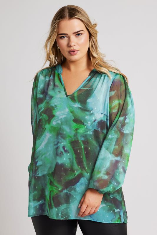 YOURS LONDON Plus Size Green Blur Abstract Print Overhead Blouse | Yours Clothing  1