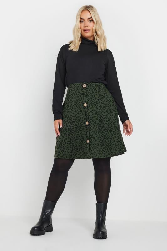 YOURS Plus Size Green Leopard Print Button Front Skirt | Yours Clothing  2