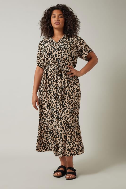 Plus Size  EVANS Curve Brown Leopard Print Midi Shirt Dress