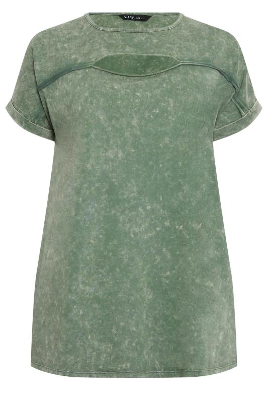 YOURS Plus Size Curve Khaki Green Acid Wash Cut Out T-Shirt | Yours Clothing  7