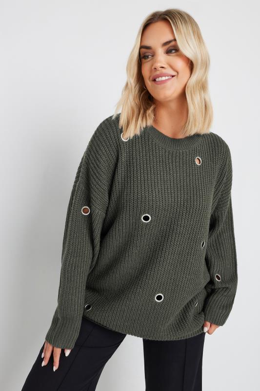 YOURS Plus Size Charcoal Grey Eyelet Knitted Jumper | Yours Clothing 2