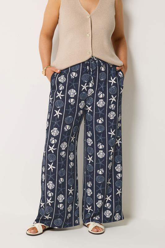  YOURS Curve Seashell Print Crinkle Wide Leg Trousers