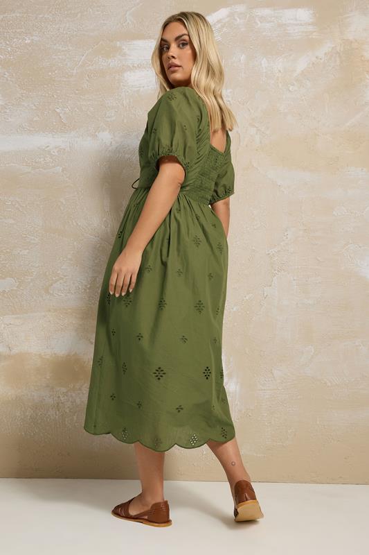 YOURS Plus Size Khaki Green Broderie Anglaise Midi Dress | Yours Clothing 3