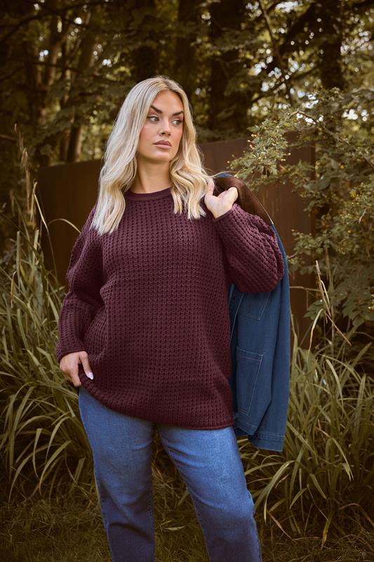 YOURS Plus Size Burgundy Red Waffle Knit Jumper | Yours Clothing 1